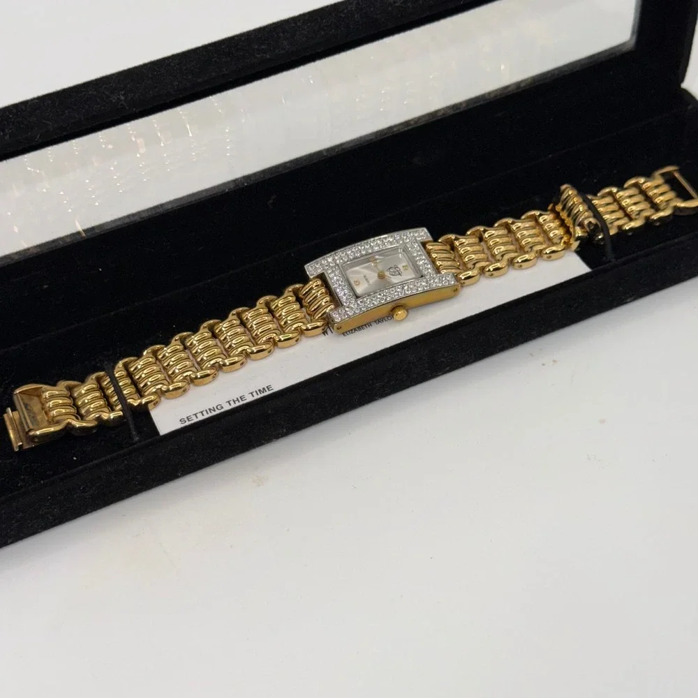 Elizabeth Taylor White Diamonds Watch Women Gold Rhinestone Quartz Jewelry